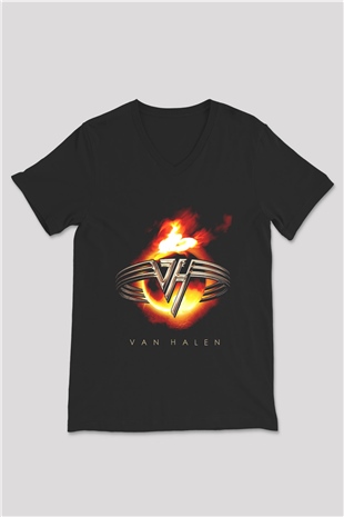 Van Halen Siyah Unisex V Yaka Tişört T-Shirt