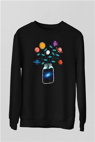 Vazodaki Gezegenler Baskılı Unisex Siyah  Sweatshirt