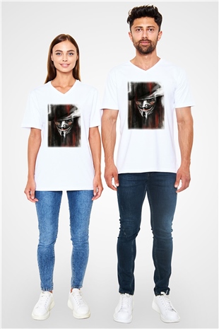 Vendetta Beyaz Unisex V Yaka Tişört T-Shirt