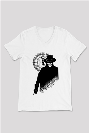 Vendetta Beyaz Unisex V Yaka Tişört T-Shirt