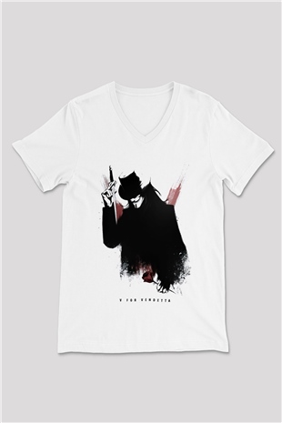 Vendetta Beyaz Unisex V Yaka Tişört T-Shirt