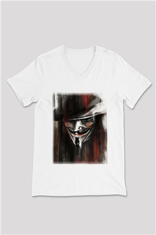 Vendetta Beyaz Unisex V Yaka Tişört T-Shirt