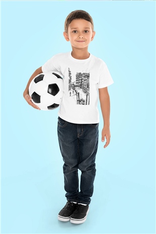 Venedik Kanal Baskılı Beyaz Unisex Çocuk Tişört