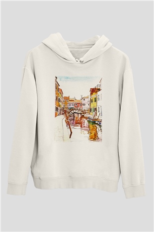 Venedik Kanal Beyaz Unisex Kapşonlu Sweatshirt
