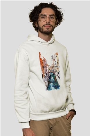 Venedik Kanal Beyaz Unisex Kapşonlu Sweatshirt