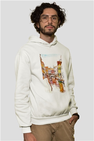 Venedik Kanal Beyaz Unisex Kapşonlu Sweatshirt
