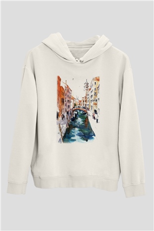 Venedik Kanal Beyaz Unisex Kapşonlu Sweatshirt