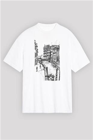 Venedik Kanal Beyaz Unisex Oversize Tişört T-Shirt