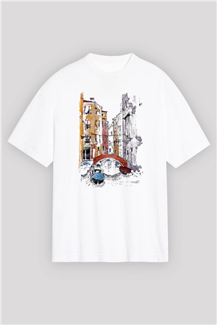 Venedik Kanal Beyaz Unisex Oversize Tişört T-Shirt