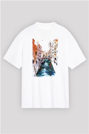 Venedik Kanal Beyaz Unisex Oversize Tişört T-Shirt