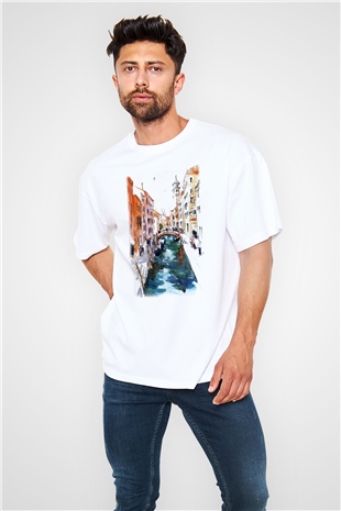 Venedik Kanal Beyaz Unisex Oversize Tişört T-Shirt