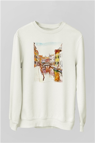Venedik Kanal Beyaz Unisex Sweatshirt