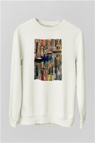 Venedik Kanal Beyaz Unisex Sweatshirt