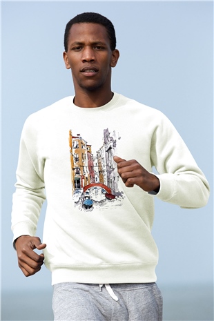 Venedik Kanal Beyaz Unisex Sweatshirt