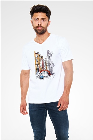 Venedik Kanal Beyaz Unisex V Yaka Tişört T-Shirt