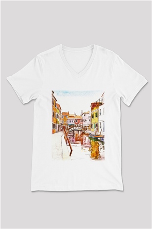 Venedik Kanal Beyaz Unisex V Yaka Tişört T-Shirt