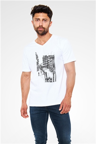 Venedik Kanal Beyaz Unisex V Yaka Tişört T-Shirt