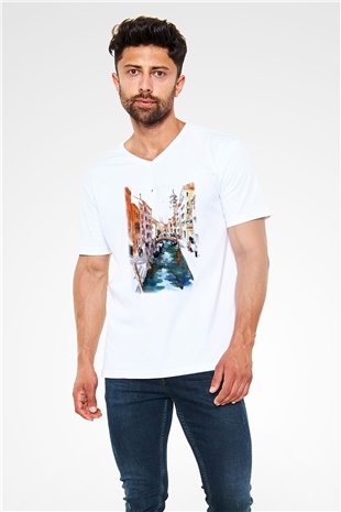 Venedik Kanal Beyaz Unisex V Yaka Tişört T-Shirt