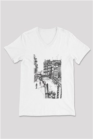 Venedik Kanal Beyaz Unisex V Yaka Tişört T-Shirt