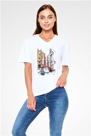 Venedik Kanal Beyaz Unisex V Yaka Tişört T-Shirt