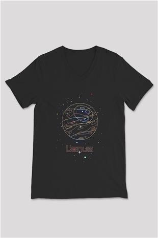 Venüs Çizim Baskılı Unisex V Yaka Siyah Tİşört - Tshirt
