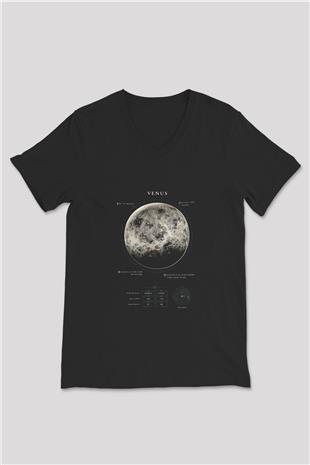 Venüs Fiziksel Özellikleri Baskılı Unisex V Yaka Siyah Tİşört - Tshirt