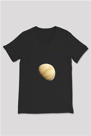 Venüs Fotoğraf Baskılı Unisex V Yaka Siyah Tİşört - Tshirt