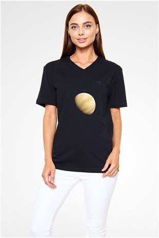 Venüs Fotoğraf Baskılı Unisex V Yaka Siyah Tİşört - Tshirt