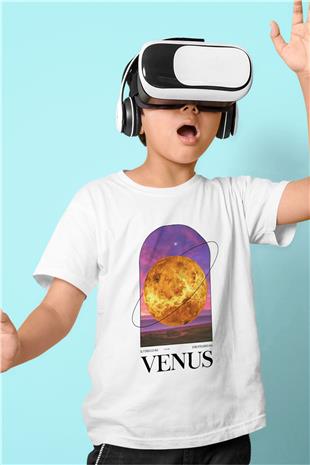 Venüs Gezegeni Baskılı Unisex Beyaz Çocuk Tişörtü - Tshirt
