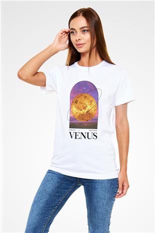 Venüs Gezegeni Baskılı Unisex Beyaz Tişört - Tshirt