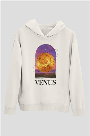 Venüs Gezegeni Baskılı Unisex Ekru Hoodie