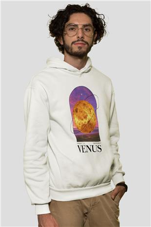 Venüs Gezegeni Baskılı Unisex Ekru Hoodie