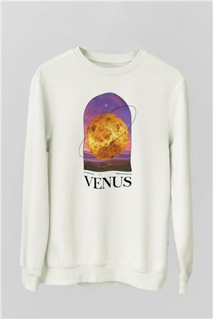 Venüs Gezegeni Baskılı Unisex Ekru Sweatshirt