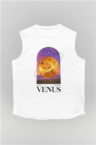 Venüs Gezegeni Baskılı Unisex Kolsuz Beyaz Tişört - Tshirt