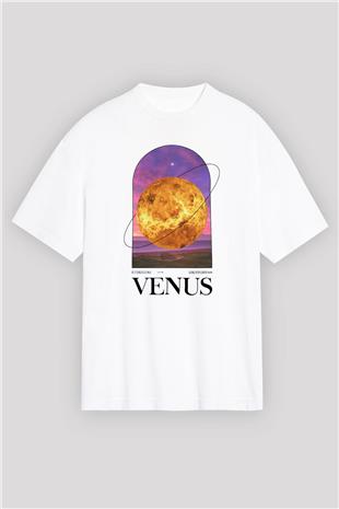 Venüs Gezegeni Baskılı Unisex Oversize Beyaz Tişört - Tshirt