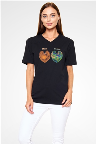 Venüs Siyah Unisex V Yaka Tişört T-Shirt