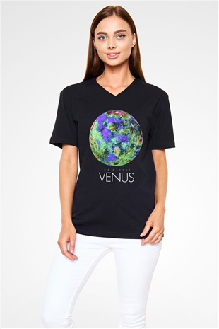 Venüs Siyah Unisex V Yaka Tişört T-Shirt