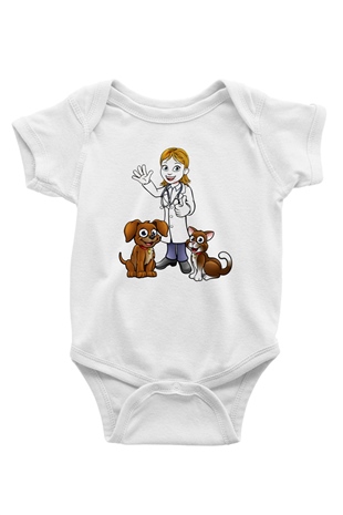Veteriner Baskılı Beyaz Unisex Bebek Body - Zıbın