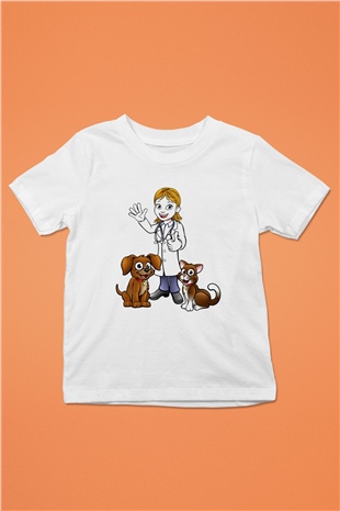 Veteriner Baskılı Beyaz Unisex Çocuk Tişört