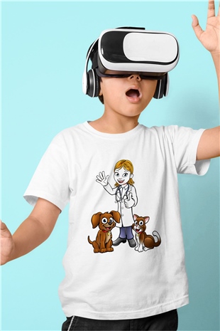 Veteriner Baskılı Beyaz Unisex Çocuk Tişört