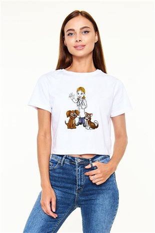 Veteriner Beyaz Croptop Tişört