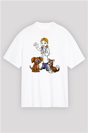 Veteriner Beyaz Unisex Oversize Tişört T-Shirt