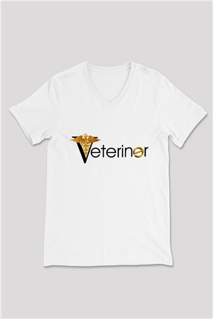 Veteriner Beyaz Unisex V Yaka Tişört T-Shirt