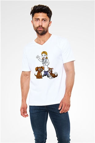 Veteriner Beyaz Unisex V Yaka Tişört T-Shirt