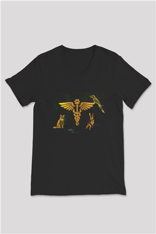Veteriner Siyah Unisex V Yaka Tişört