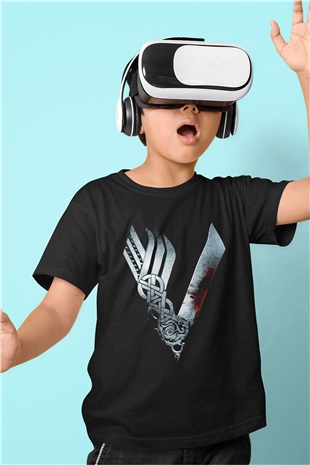 Vikings Baskılı Siyah Unisex Çocuk Tişört