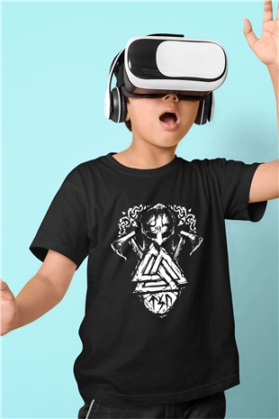 Vikings Baskılı Siyah Unisex Çocuk Tişört