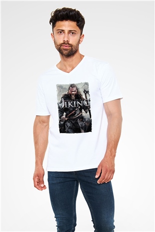 Vikings Beyaz Unisex V Yaka Tişört