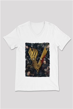 Vikings Beyaz Unisex V Yaka Tişört