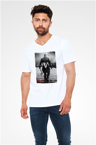 Vikings Beyaz Unisex V Yaka Tişört